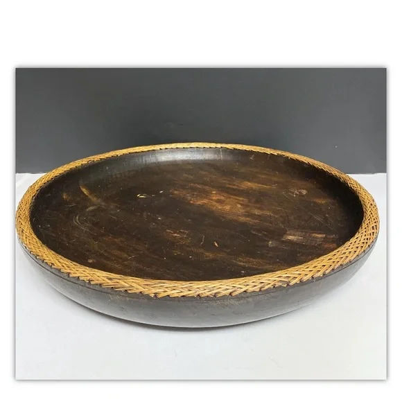 Vintage Hand Carved Lombok Indonesian 15”D Solid Wood Bowl Rattan Basket Rim - Picture 3 of 13